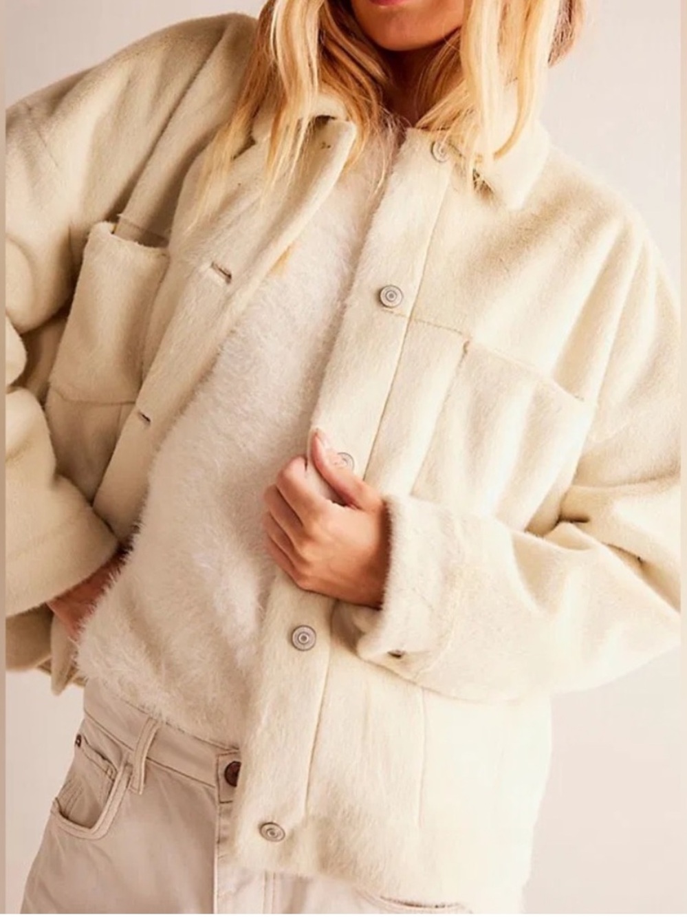 Free People We The Free Opal Swing Button Up Faux Fur Jacket Cream Small $198